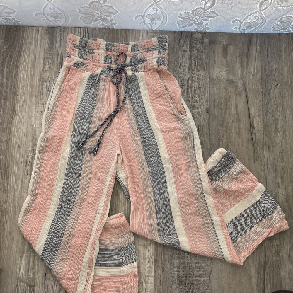 Free People Wide Leg Pants Stripe Drawstring 100% Cotton Pockets Palazzo Pink XS